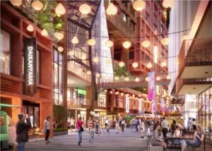 Lifestyle street at The Bedrock in Jesselton Docklands, featuring alfresco dining, boutique stores, and festive lantern decorations by EXSIM Sabah.