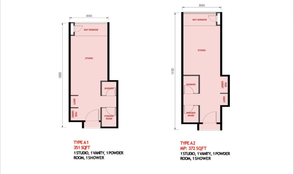 The Bedrock EXSIM Type A studio layout – compact 351 sqft suite ideal for short-stay or Airbnb investment at Jesselton Docklands, Sabah.