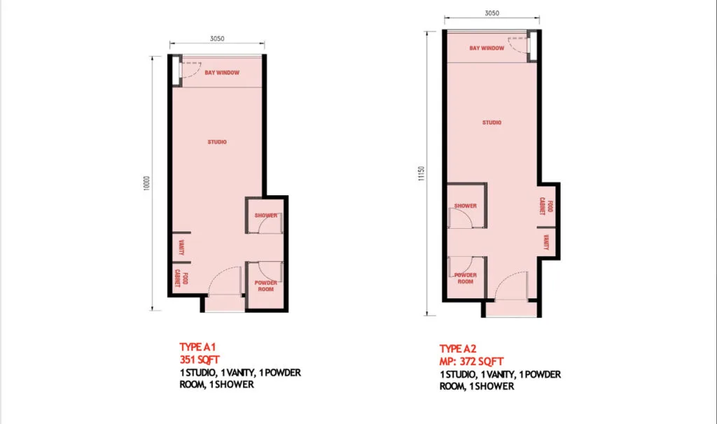 The Bedrock EXSIM Type A studio layout – compact 351 sqft suite ideal for short-stay or Airbnb investment at Jesselton Docklands, Sabah.