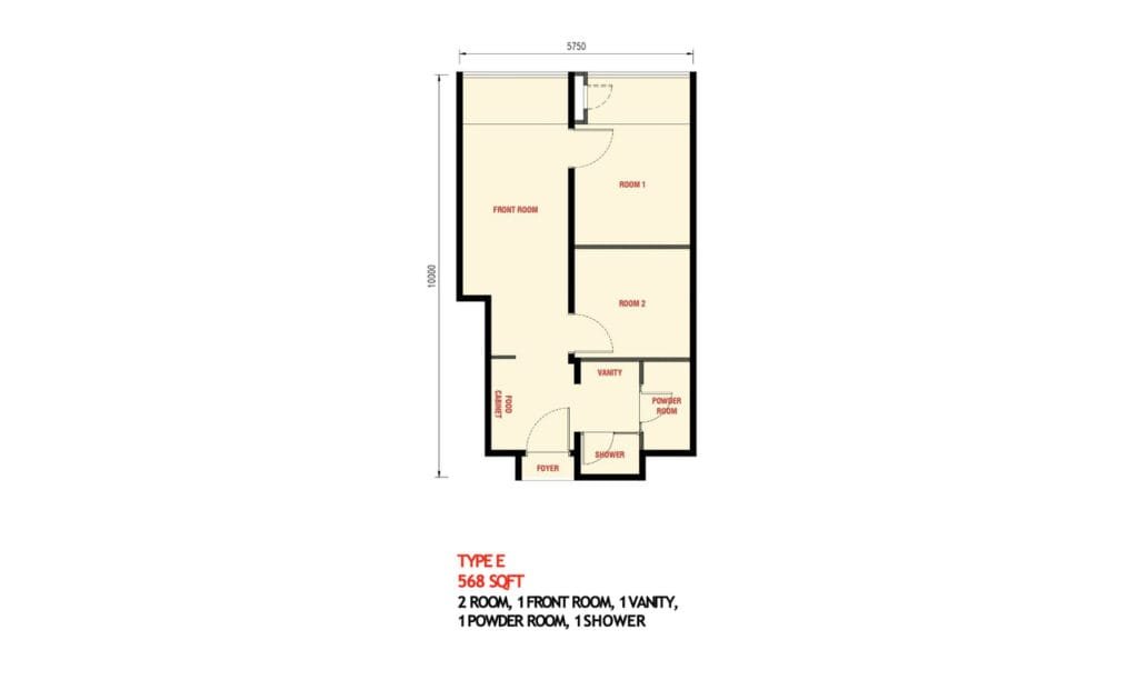 The Bedrock Type E layout – 2-bedroom 568 sqft unit at EXSIM Jesselton Docklands, ideal for small families or long-stay rentals.