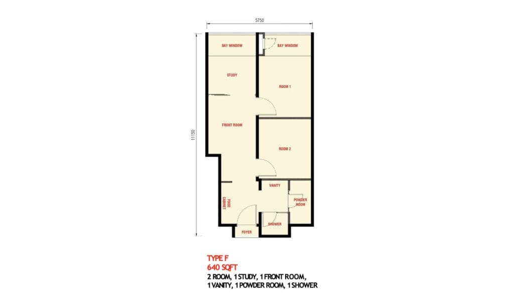 Type F unit at The Bedrock EXSIM – 2 bedrooms + study, 640 sqft of efficient layout for flexible living in Kota Kinabalu.