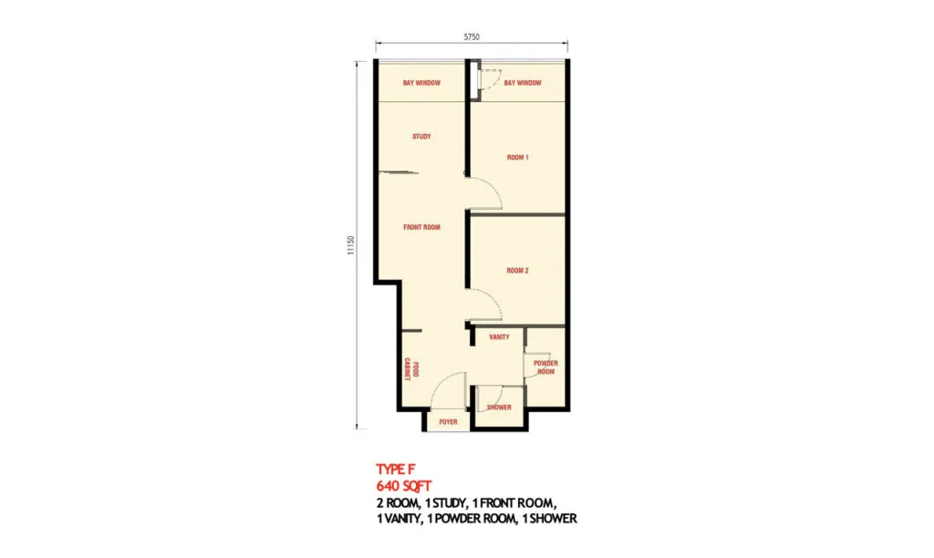 Type F unit at The Bedrock EXSIM – 2 bedrooms + study, 640 sqft of efficient layout for flexible living in Kota Kinabalu.
