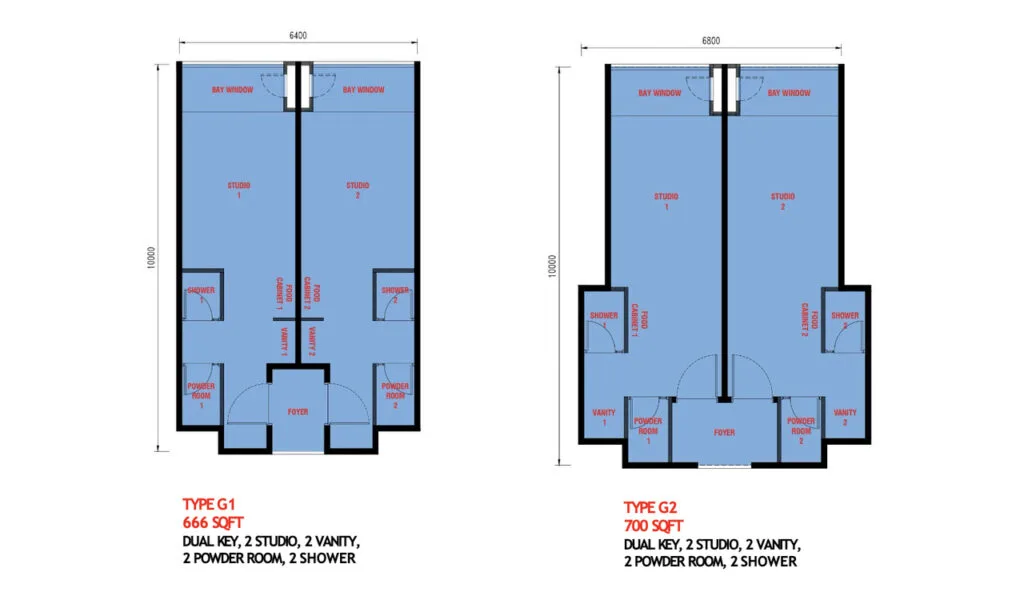 Dual-Key layout G1 & G2 – two private studio suites in one 700 sqft unit at The Bedrock, ideal for Airbnb and dual rental strategy.
