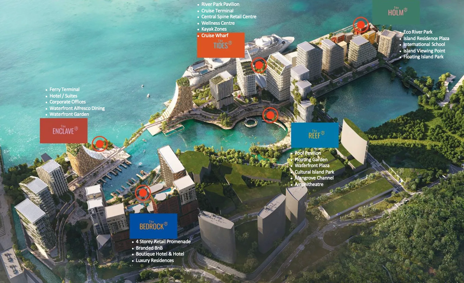 Aerial master plan of Jesselton Docklands featuring The Bedrock by EXSIM Sabah — a seafront mixed-use development with branded residences, boutique hotels, cruise terminal, river park, and eco island zones in Kota Kinabalu.