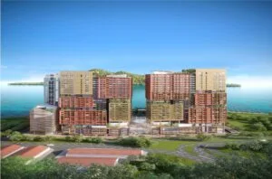 Rear mountain-facing view of The Bedrock @ Jesselton Docklands by Exsim, with symmetrical towers facing the ocean and lush greenery.