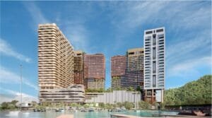 Ocean View | The Bedrock Jesselton Docklands Sabah Seafront view of The Bedrock @ Jesselton Docklands by EXSIM Sabah, showing the full waterfront development against a backdrop of the South China Sea.