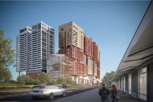 Street View | The Bedrock by EXSIM @ Jesselton Docklands Street-level perspective of The Bedrock development by EXSIM Sabah at Jesselton Docklands, featuring modern architecture and a pedestrian-friendly environment.