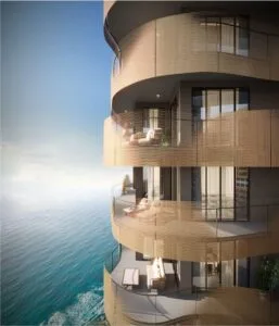 Close-up architectural rendering of The Bedrock Tower D by EXSIM Sabah, featuring curvilinear balconies with panoramic sea views at Jesselton Docklands.