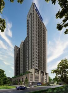 Erinaz Suites @ Kubang Kerian by EXSIM modern high-rise facade with elegant architectural design, elevated podium and surrounding greenery, representing a new residential development in Kubang Kerian.