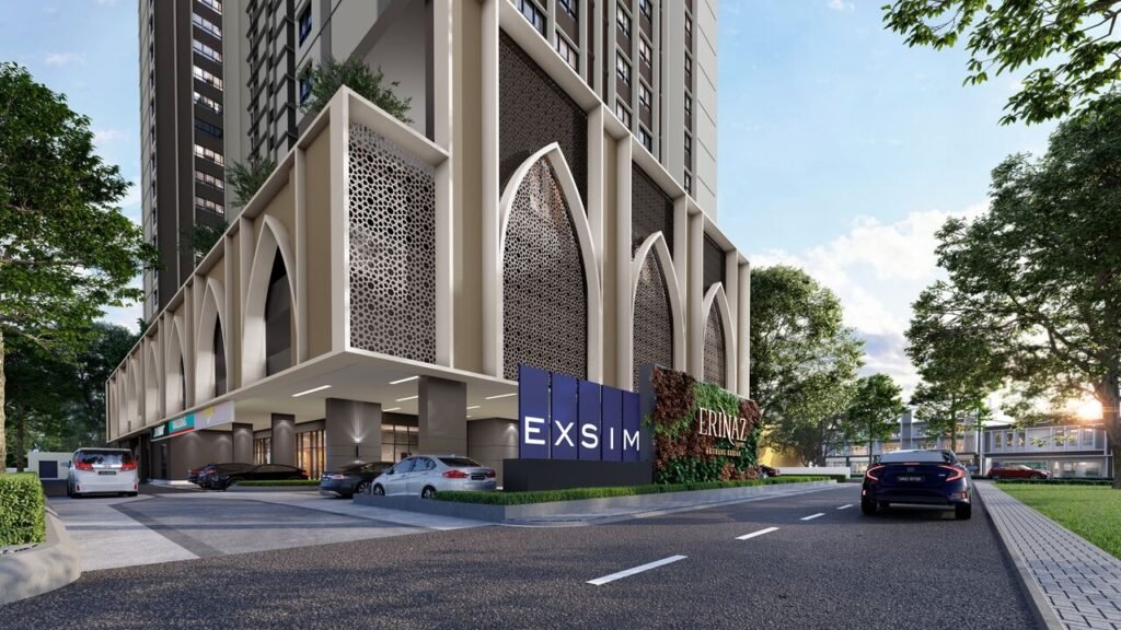 Close-up street view of Erinaz Suites @ Kubang Kerian showing EXSIM branding, modern podium facade, retail frontage and arrival area for residents and visitors.