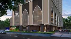 Entrance lobby facade of Erinaz Suites by EXSIM with signature green wall, elegant arched design and modern drop-off area at Kubang Kerian residential development.
