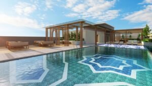 Rooftop swimming pool at Erinaz Suites @ Kubang Kerian featuring geometric pool design, lounge deck and open sky relaxation area for residents.