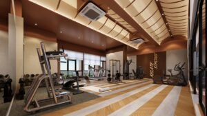 Gym room at Erinaz Suites @ Kubang Kerian with fitness equipment, modern interior design and dedicated workout space for residents.