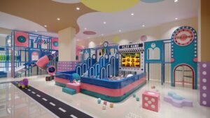 Children indoor play area at Erinaz Suites @ Kubang Kerian with ball pit, climbing structures, slides and interactive play facilities for families.