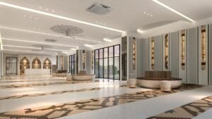 Main lobby at Erinaz Suites by EXSIM featuring spacious reception area, refined interior details, patterned flooring and elegant communal waiting space.