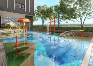 Water splash deck at Erinaz Suites by EXSIM with colourful water play features, safe family-friendly design and outdoor recreational facilities.