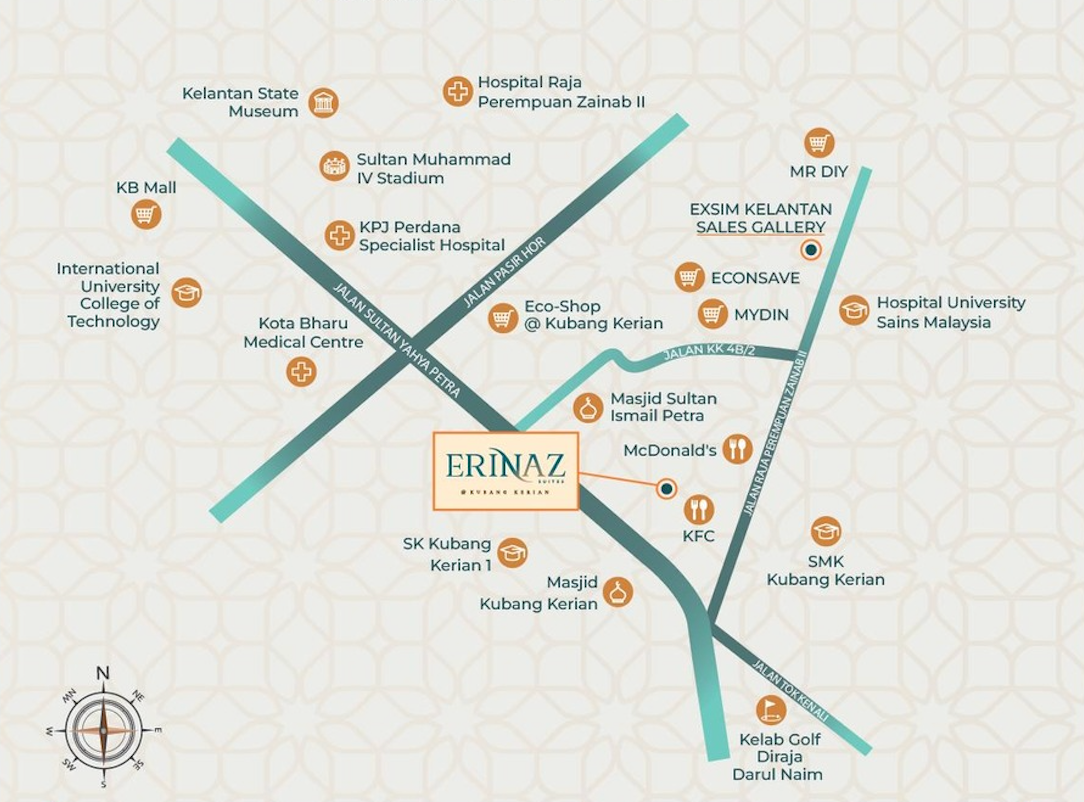 Location map of Erinaz Suites @ Kubang Kerian by EXSIM showing nearby landmarks including Hospital Universiti Sains Malaysia, KPJ Perdana Specialist Hospital, Kota Bharu Medical Centre, Eco-Shop, Mydin, McDonald’s, KFC and surrounding road access