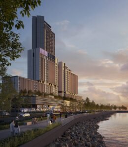 Evening perspective of Keeperz Suites Penang highlighting architectural lighting, mixed development podium and scenic waterfront surroundings in penang seafront condo.