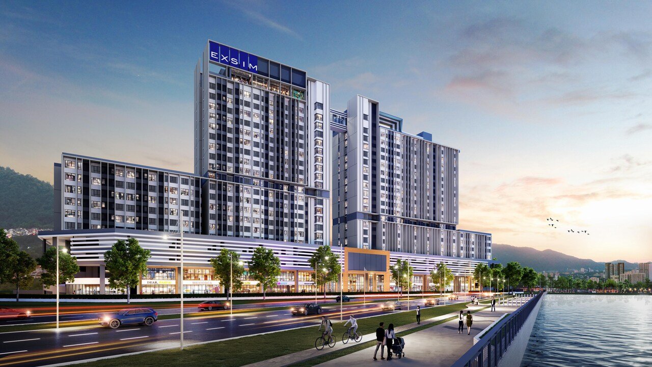 Keeperz Suites Penang facade by EXSIM showcasing modern high-rise seafront development with retail podium and waterfront promenade in penang seafront condo location.