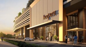 Grand entrance of Keeperz Suites Penang with retail frontage, drop-off area and contemporary mixed development concept by exsim penang.