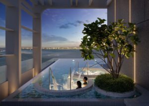 Sky jacuzzi facility at Keeperz Suites Penang overlooking panoramic sea view, providing relaxing wellness experience in exsim penang development.