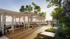 Pavilion grill and dining area at Keeperz Suites Penang with outdoor seating and sea view, ideal for social gatherings and lifestyle living.