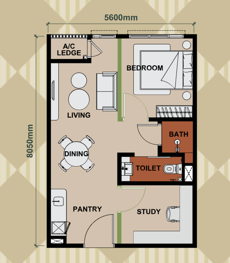 Type A layout plan at Keeperz Suites Penang featuring 2-room compact unit, 484 sqft functional layout suitable for investment and rental in exsim penang project.