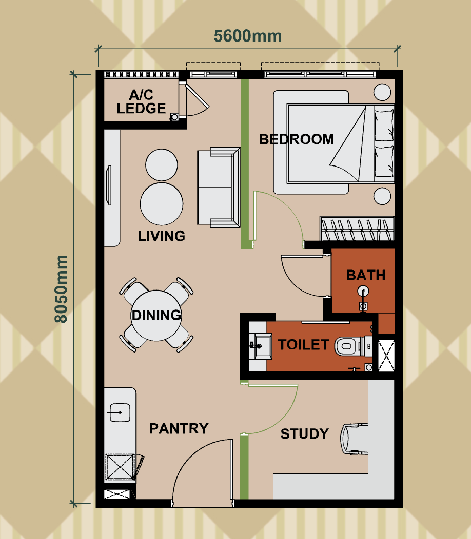 Type A layout plan at Keeperz Suites Penang featuring 2-room compact unit, 484 sqft functional layout suitable for investment and rental in exsim penang project.