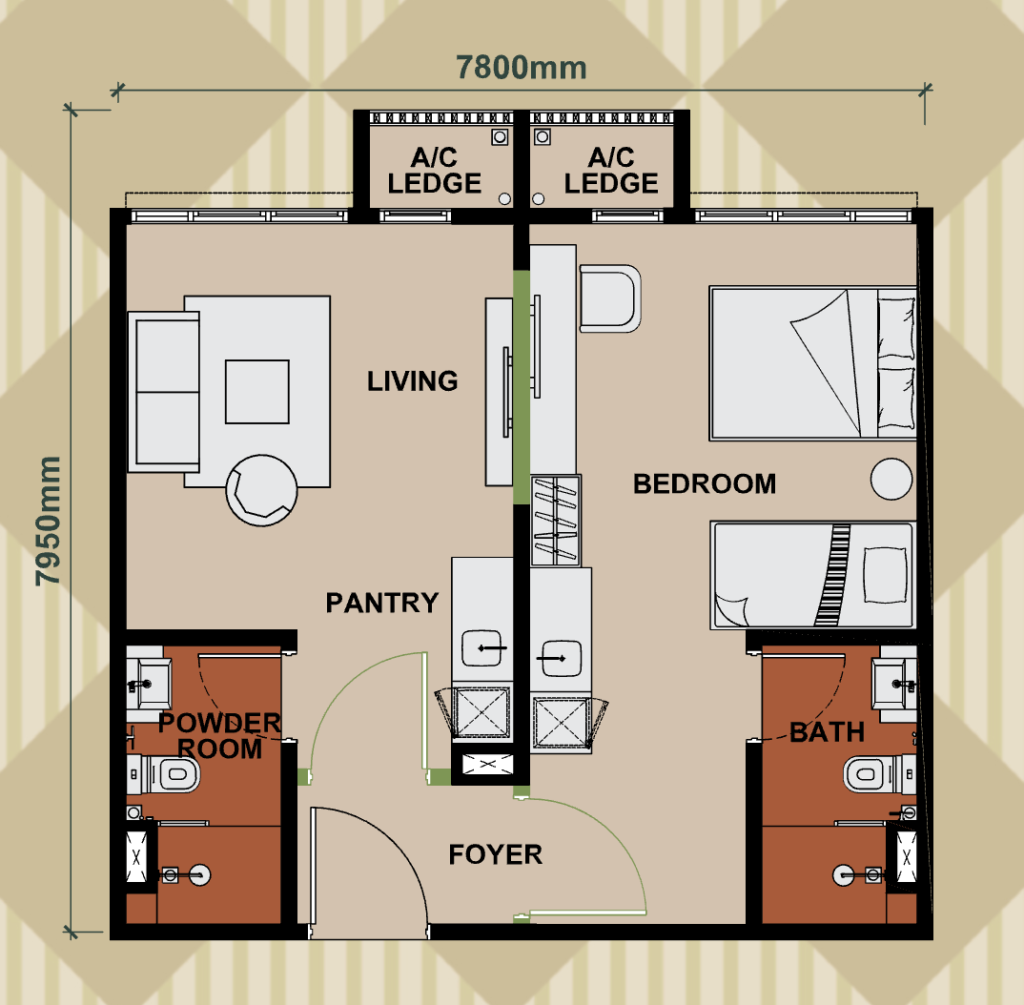 Type B dual key layout plan at Keeperz Suites Penang with 2-room configuration, 581 sqft designed for flexible rental strategy and dual income potential.