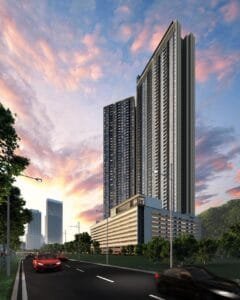 Side perspective of The Lighthauz Residences Penang showcasing twin residential towers with contemporary design, elevated podium structure and landscaped surroundings, highlighting the exclusivity of this lighthauz penang development near George Town city centre.