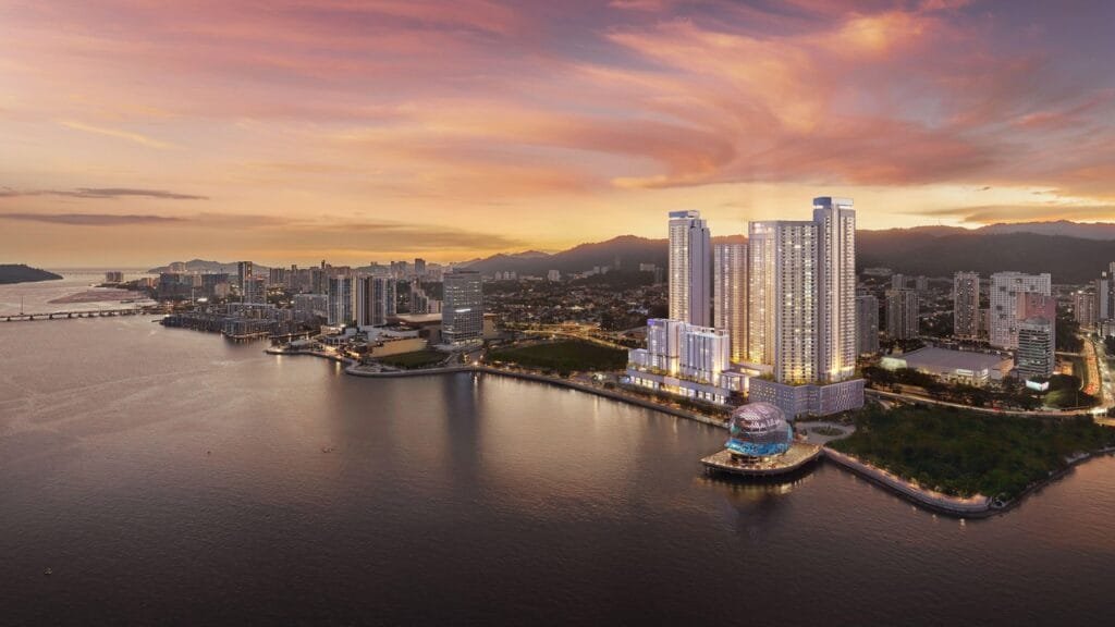 Master aerial perspective of The Lighthauz Residences by EXSIM in Penang, showcasing integrated towers, podium facilities and seafront surroundings, reflecting a well-planned urban coastal living environment.