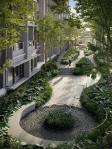 Landscaped garden walkway at The Lighthauz Residences featuring lush greenery, shaded pathways and tranquil outdoor spaces, enhancing lifestyle quality within the lighthauz penang development.