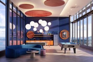 Indoor recreational lounge at The Lighthauz Residences featuring pool table, modern seating and vibrant interior design, providing entertainment spaces within the lighthauz penang development.