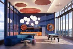 Indoor recreational lounge at The Lighthauz Residences featuring pool table, modern seating and vibrant interior design, providing entertainment spaces within the lighthauz penang development.