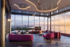 Contemporary lounge area at The Lighthauz Residences featuring modern furniture, open layout and expansive sea views, designed for relaxation and social interaction in lighthauz penang.