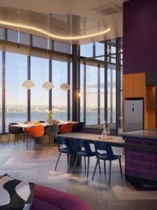 Sky lounge at The Lighthauz Residences Penang offering stylish seating, floor-to-ceiling windows and panoramic coastal views, enhancing luxury lifestyle experience in this penang seafront condo.