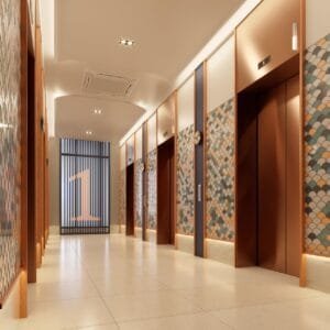 Lift lobby at The Lighthauz Residences Penang designed with modern finishes, warm lighting and clean architectural lines, ensuring a comfortable arrival experience within this exsim lighthauz residences development.