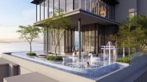Family-friendly wading pool at The Lighthauz Residences Penang with infinity-edge design, children play features and scenic seafront views, enhancing resort-style living within this penang seafront condo.
