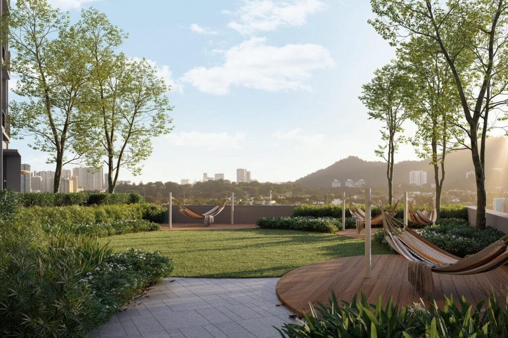 Outdoor stargazing and relaxation deck at The Lighthauz Residences Penang with hammocks, landscaped greenery and open sky views, designed for tranquil living within exsim lighthauz residences.