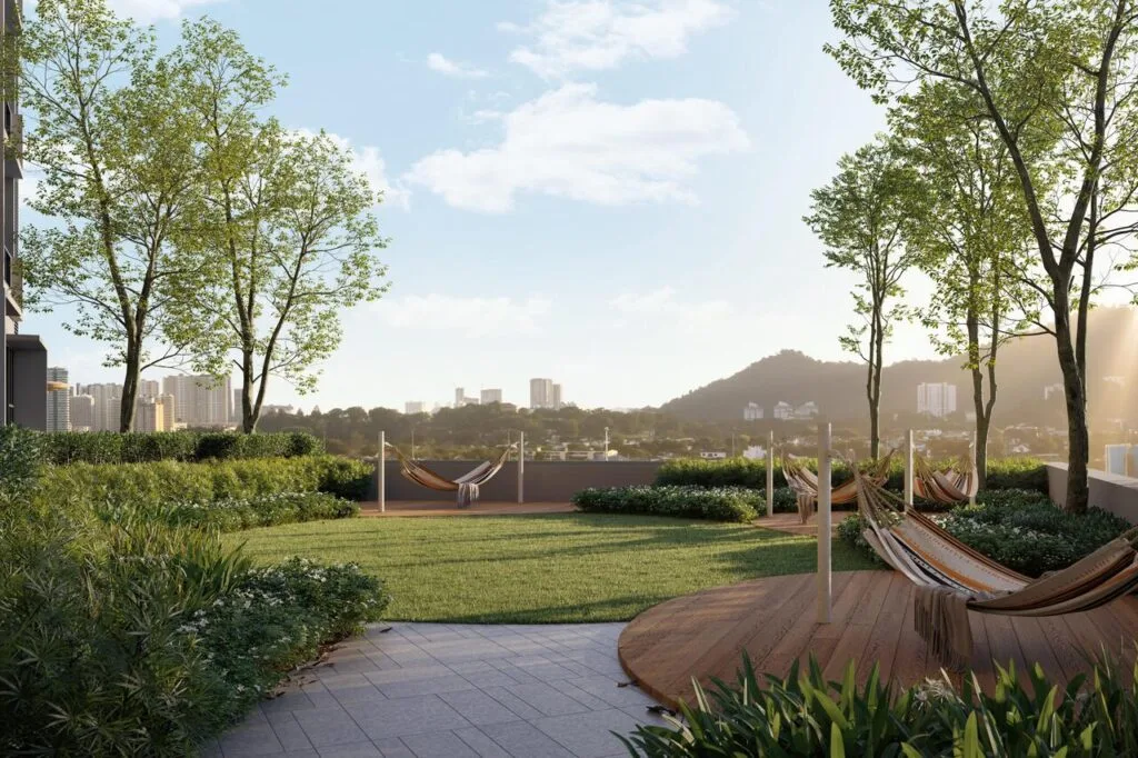 Outdoor stargazing and relaxation deck at The Lighthauz Residences Penang with hammocks, landscaped greenery and open sky views, designed for tranquil living within exsim lighthauz residences.