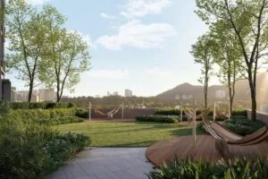 Outdoor stargazing and relaxation deck at The Lighthauz Residences Penang with hammocks, landscaped greenery and open sky views, designed for tranquil living within exsim lighthauz residences.