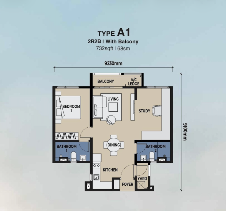 Type A1 layout plan at The Lighthauz Residences Penang featuring 2 bedrooms, 2 bathrooms and a study with balcony, 732 sqft practical unit design ideal for compact living in lighthauz penang seafront condo.