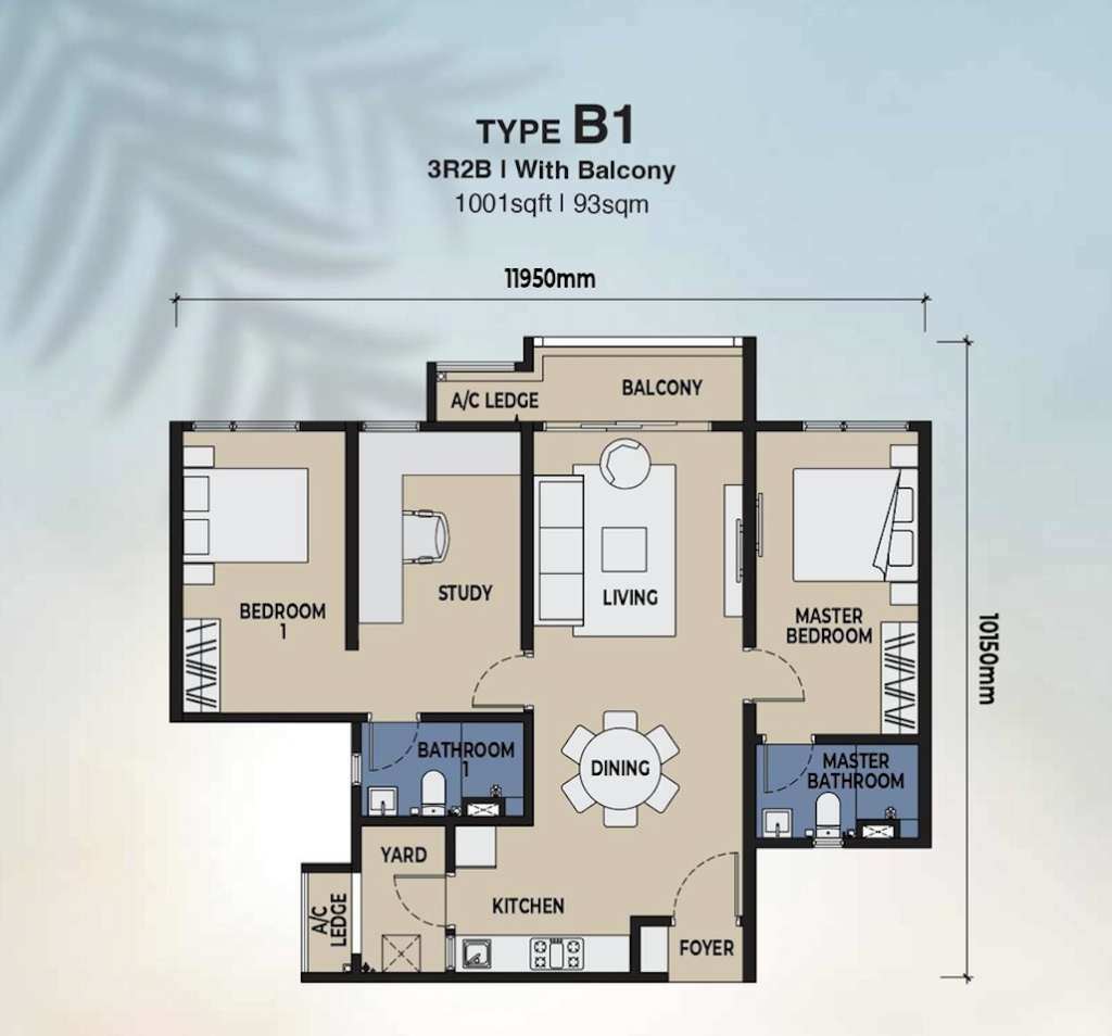 Type B1 layout plan at The Lighthauz Residences Penang showcasing 3 bedrooms, 2 bathrooms and spacious living with balcony, 1001 sqft family-friendly unit in exsim lighthauz residences.