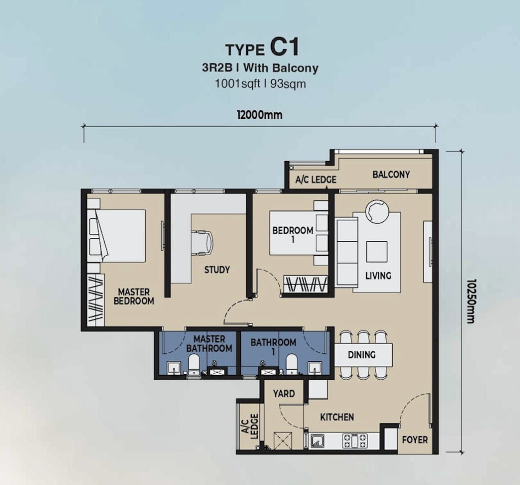 Type C1 layout plan at The Lighthauz Residences Penang featuring 3 bedrooms, 2 bathrooms with functional zoning, large living and dining area with balcony, designed for comfortable family living in lighthauz penang.