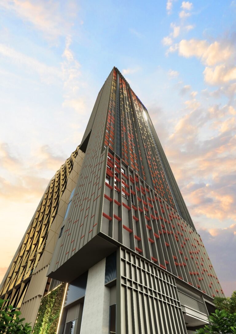 Low angle facade view of Phoeniz Suites @ KLCC, a high-rise serviced residence by EXSIM near Kuala Lumpur city centre.