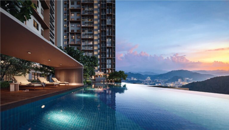 Starlight infinity pool at The Celestz Residences @ Kebun Teh overlooking the Johor Bahru skyline