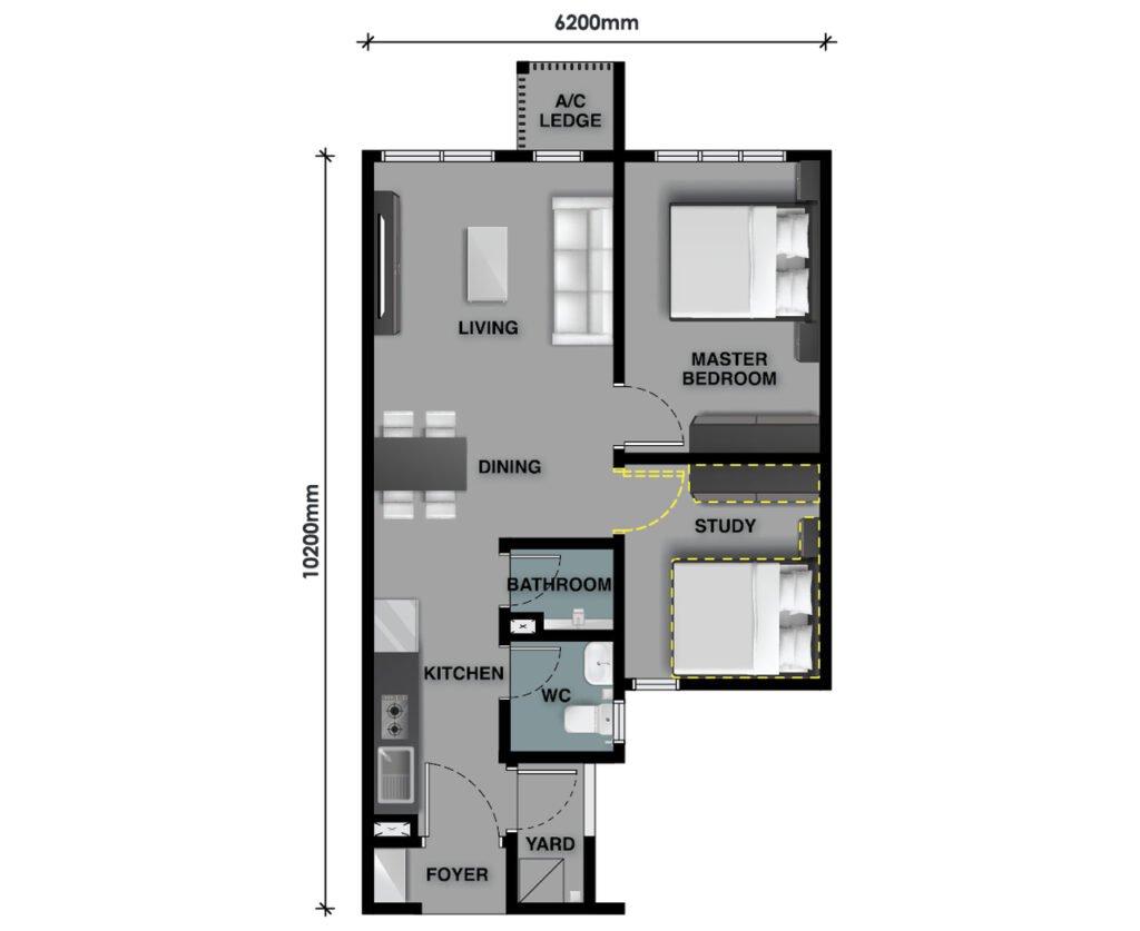 Floor plan of The Celestz Residences Type A 581 sqft unit with one bedroom, study area, one bathroom and one WC