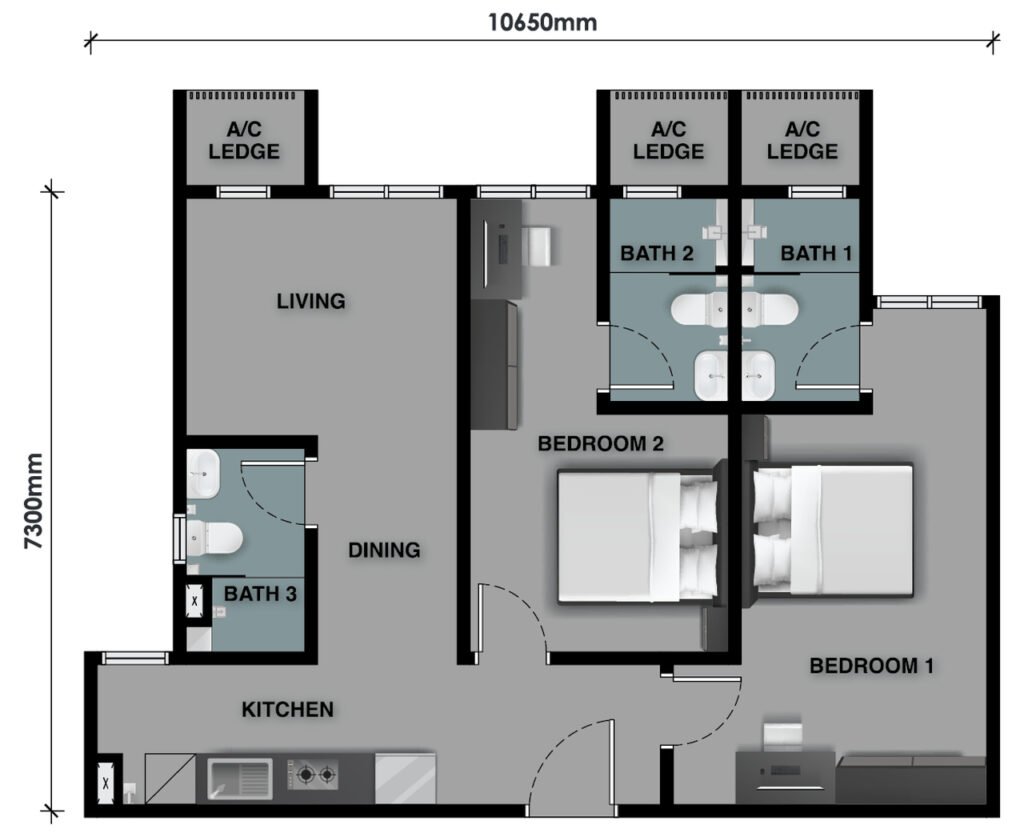 Floor plan of The Celestz Residences Type B 753 sqft unit with two bedrooms and three bathrooms