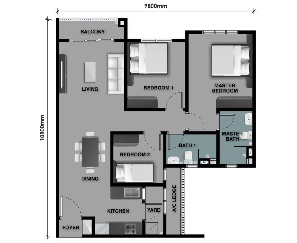Floor plan of The Celestz Residences Type C1 915 sqft unit with three bedrooms, two bathrooms and a balcony