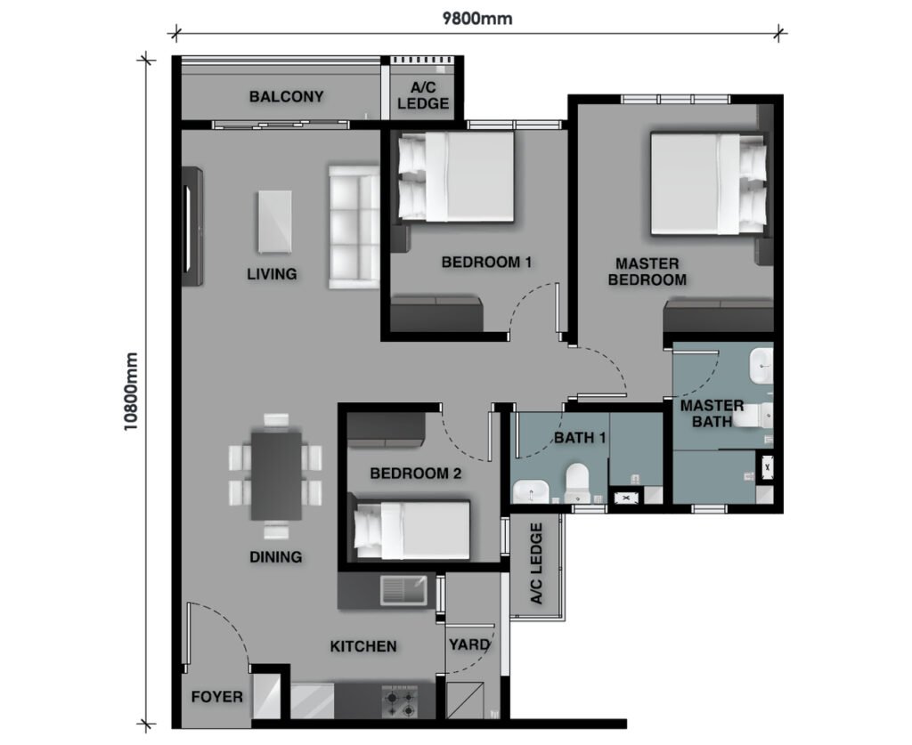 Floor plan of The Celestz Residences Type C1-A 915 sqft unit with three bedrooms, two bathrooms and a balcony
